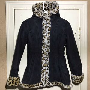 Girls 10/12 coat Faux leopard fur & faux suede Hawke & Co eagle zipper black